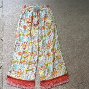 Colorful Graphic Wide-Leg Pants with Fringe